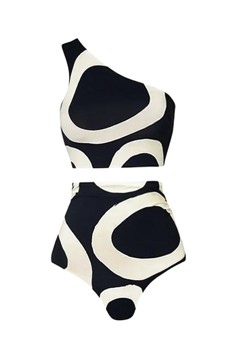 Load image into Gallery viewer, Black and White Print 2 Piece Swimwear with Skirt