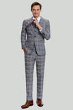 Grey Plaid Wide Peak Lapel 3 Piece Single Breasted Men's Suits