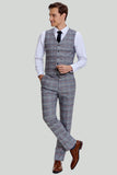 Grey Plaid Wide Peak Lapel 3 Piece Single Breasted Men's Suits