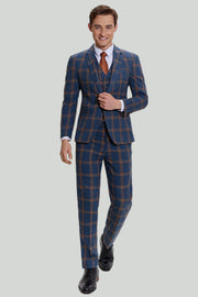 Grey Blue Men's 3 Piece Plaid Notched Lapel Prom Suits