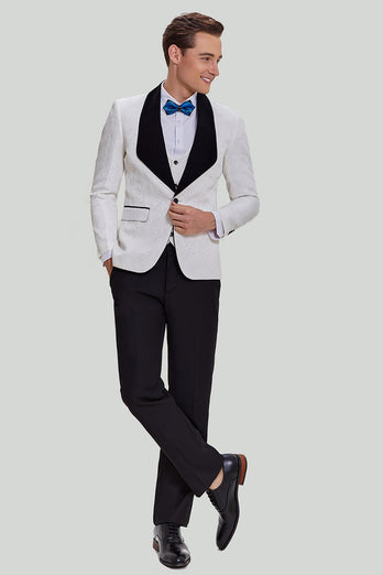 White Jacquard 3 Piece Men's Suits with Shawl Lapel