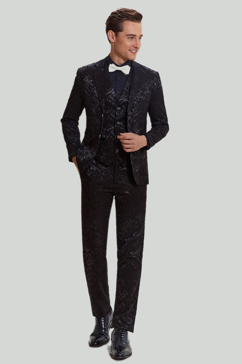 Load image into Gallery viewer, Men&#39;s Black 3 Piece Jacquard Jacket Vest Pants Suit