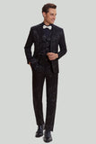 Men's Black 3 Piece Jacquard Jacket Vest Pants Suit