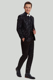 Men's Black 3 Piece Jacquard Jacket Vest Pants Suit