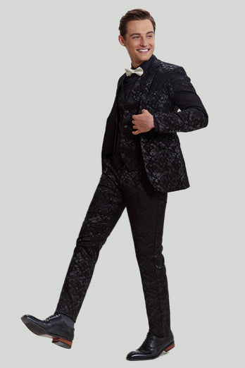 Men's Black 3 Piece Jacquard Jacket Vest Pants Suit