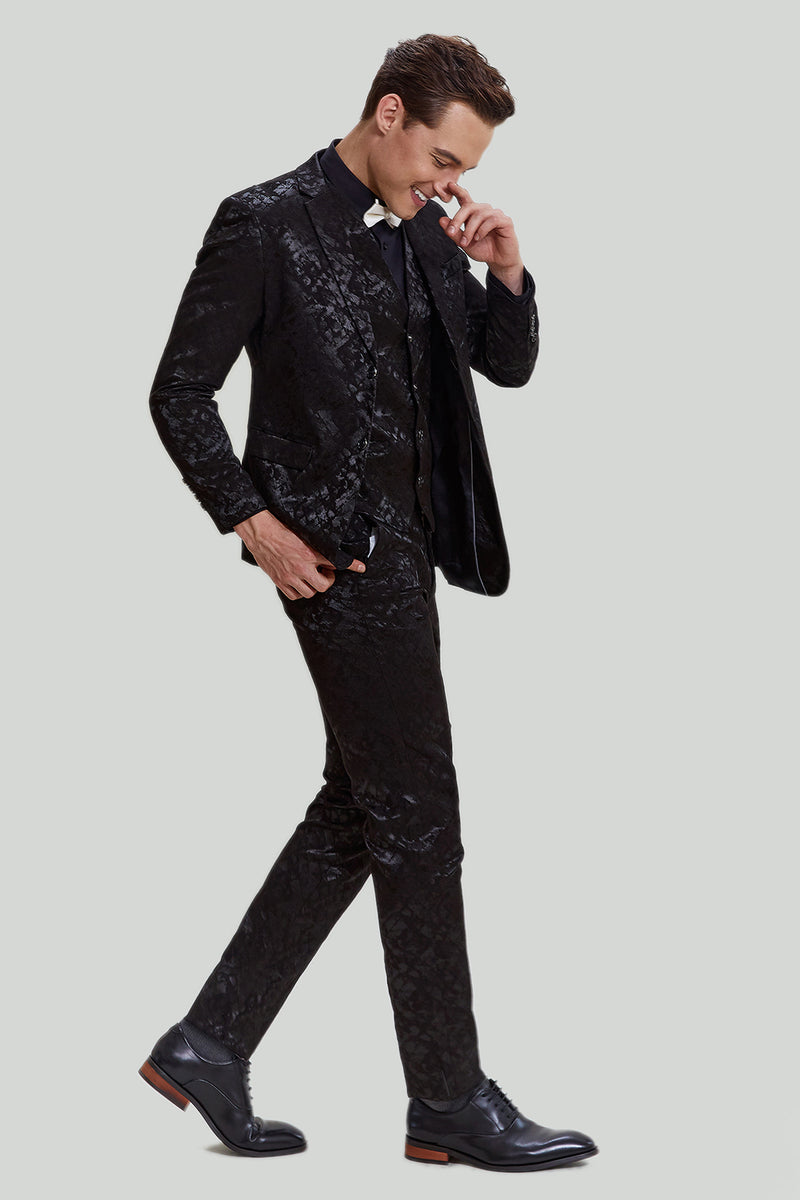 Load image into Gallery viewer, Men&#39;s Black 3 Piece Jacquard Jacket Vest Pants Suit