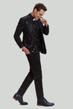 Men's Black 3 Piece Jacquard Jacket Vest Pants Suit