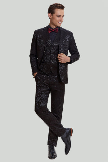 Men's Black 3 Piece Jacquard Jacket Vest Pants Suit