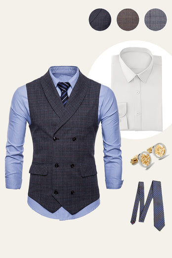 Grey Plaid Men's Vests with Shirts Accessories Set