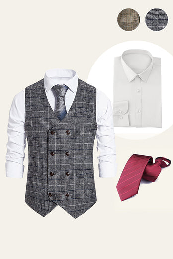 Brown Double Breasted Men Vest with Shirts Accessories Set
