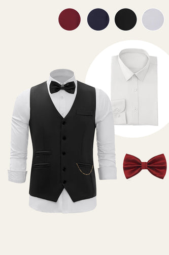 Black Single Breasted Men's Vest with Shirt Accessories Set