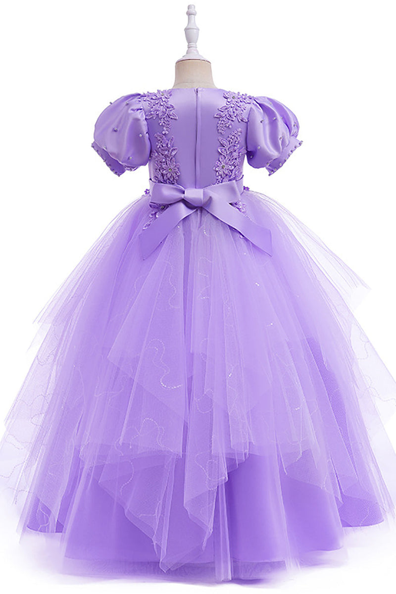 Load image into Gallery viewer, Tulle Puff Sleeves Light Blue Flower Girl Dress with Appliques