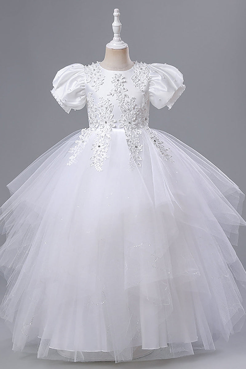 Load image into Gallery viewer, Tulle Puff Sleeves Light Blue Flower Girl Dress with Appliques