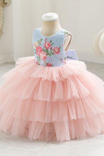 Tiered Flower Printed Pink Flower Girl Dress with Bowknot