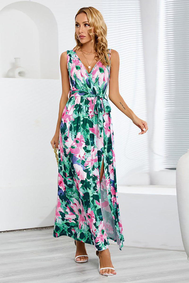 Load image into Gallery viewer, V Neck Flower Printed Summer Dress with Silt