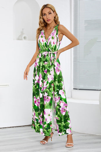 V Neck Flower Printed Summer Dress with Silt