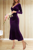 V-Neck Burgundy Velvet Dress with Long Sleeves