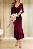 V-Neck Burgundy Velvet Dress with Long Sleeves