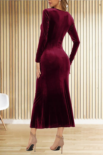V-Neck Burgundy Velvet Dress with Long Sleeves