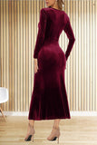 V-Neck Burgundy Velvet Dress with Long Sleeves