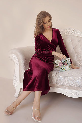 V-Neck Burgundy Velvet Dress with Long Sleeves
