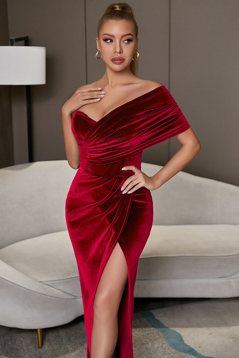 Load image into Gallery viewer, One Shoulder Burgundy Velvet Party Dress with Slit