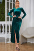 Load image into Gallery viewer, Dark Green Long Sleeves Velvet Party Dress with Slit