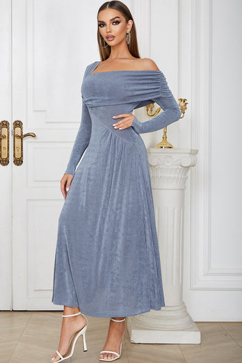 Dusty Blue Velvet Semi Formal Dress with Sleeves