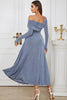 Load image into Gallery viewer, Dusty Blue Velvet Semi Formal Dress with Sleeves