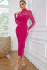 Load image into Gallery viewer, Long Sleeves Fuchsia Velvet Party Dress