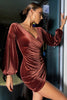 Load image into Gallery viewer, Deep V-Neck Plum Velvet Party Dress with Long Sleeves
