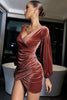 Load image into Gallery viewer, Deep V-Neck Plum Velvet Party Dress with Long Sleeves