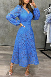 Long Sleeves Blue Lace Party Dress with Button