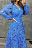 Long Sleeves Blue Lace Party Dress with Button