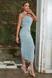 Strapless Light Blue Velvet Party Dress with Ruffles