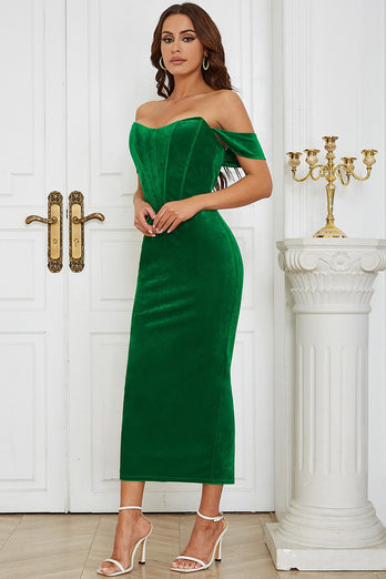 Off The Shoulder Green Velvet Corset Dress