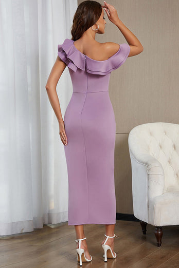 Lilac Ruffles One Shoulder Cocktail Dress with Slit