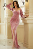 Load image into Gallery viewer, Pink Long Sleeves Velvet Formal Dress with Slit
