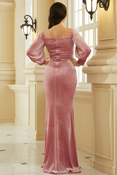Pink Long Sleeves Velvet Formal Dress with Slit