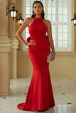 Red Mermaid Halter Open Back Long Formal Dress With Ruffles