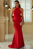 Load image into Gallery viewer, Red Mermaid Halter Open Back Long Formal Dress With Ruffles