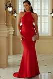 Red Mermaid Halter Open Back Long Formal Dress With Ruffles