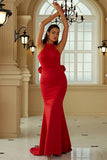 Red Mermaid Halter Open Back Long Formal Dress With Ruffles