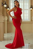 Red Mermaid Halter Open Back Long Formal Dress With Ruffles