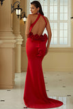 Red Mermaid Halter Open Back Long Formal Dress With Ruffles