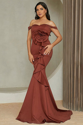 Mermaid Red Off the Shoulder Long Formal Dress With Ruffles