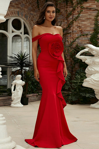 Mermaid Red Off the Shoulder Long Formal Dress With Ruffles