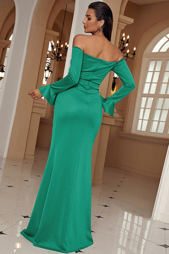 Green Off the Shoulder Sheath Long Formal Dress With Slit