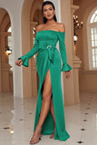 Green Off the Shoulder Sheath Long Formal Dress With Slit