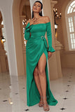 Green Off the Shoulder Sheath Long Formal Dress With Slit